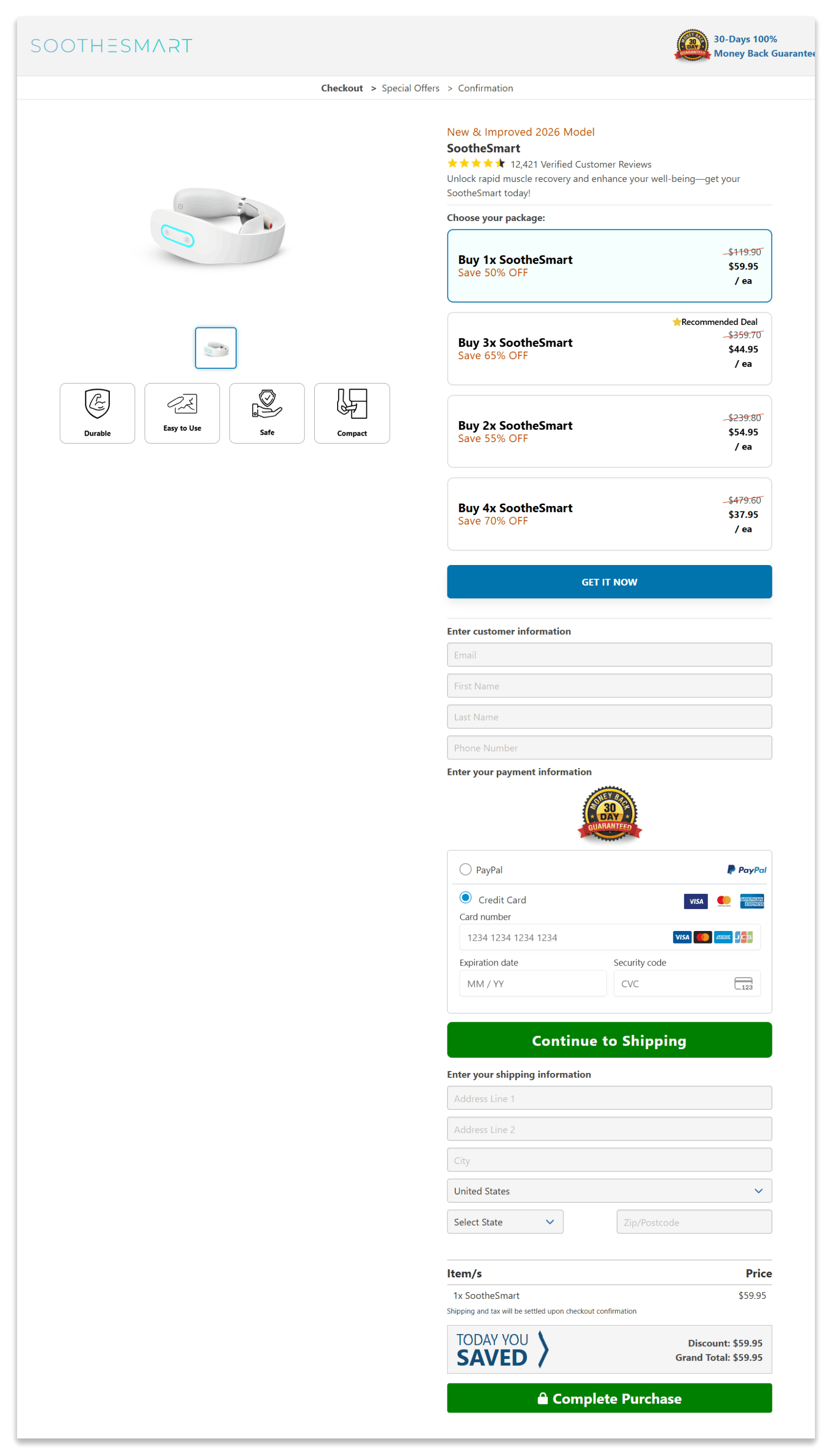 SootheSmart secure checkout page
